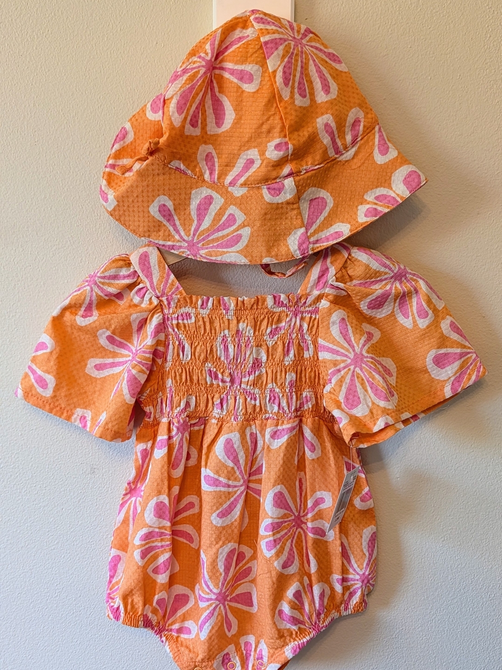Jessica Simpson Baby Orange & Pink Floral Bubble Romper + Sun Hat – 12M – NWT